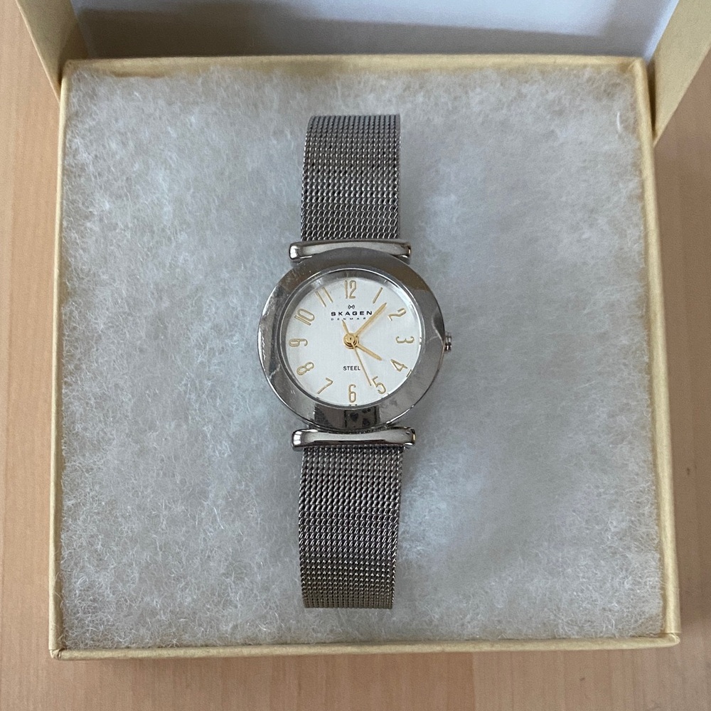 Skagen women’s two-tone watch mesh band w/ Arabic numerals